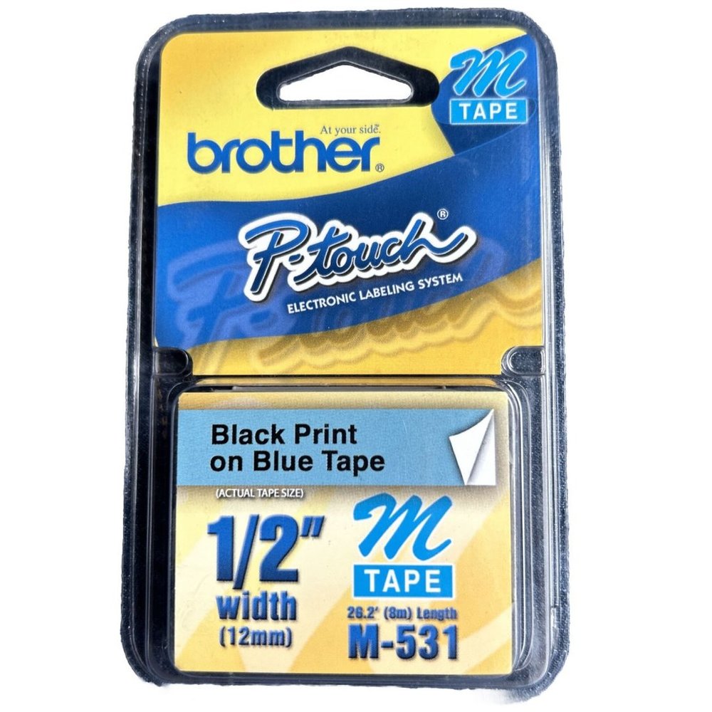 NEW Brother P-Touch M Tape 12 mm 1/2 inch BLACK Print on BLUE Tape M-531 Genuine